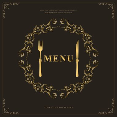Lüks Restoran Menü Logo Şablonu. Altın çatal bıçak takımı. Zarif Çizilmiş Çatal ve Bıçak. Yazılı Yaratıcı Monogram. Kafe, Restoran, Bar için Broşür Tasarımı. Vektör illüstrasyonu