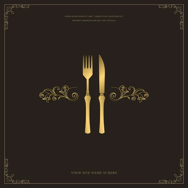 Luxo Restaurante Menu Logo Template Talheres Dourados Garfo Faca Desenhados — Vetor de Stock
