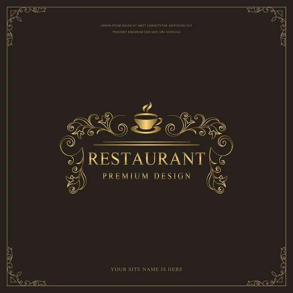Πολυτελές Εστιατόριο Πρότυπο Λογότυπο Μενού Χρυσό Κύπελλο Ποτού Ζεστό Καφέ — Διανυσματικό Αρχείο