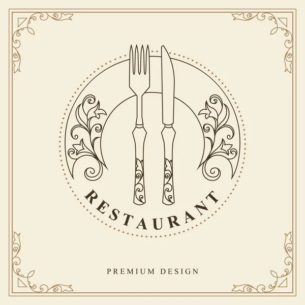Luxusní Logo Šablony Pro Restauraci Vidlička Nůž Talíř Vzkvétající Ozdobou Stock Ilustrace