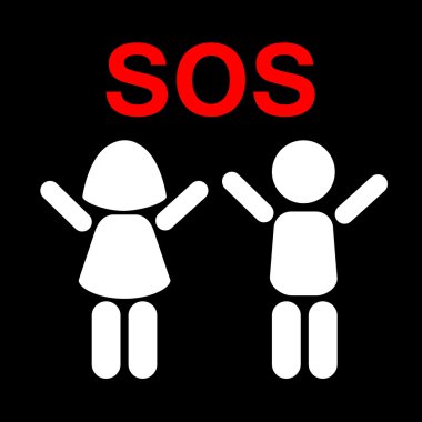 Siluetleri çocukların yükseltilmiş eller yardım işareti ve Sos siyah bir arka plan ile. Vektör çizim