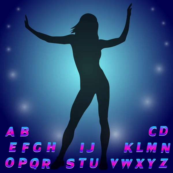 Silhuetten av en dansande flicka. Neon glow alfabetet. Disco blå bakgrund. Vektor illustration — Stock vektor
