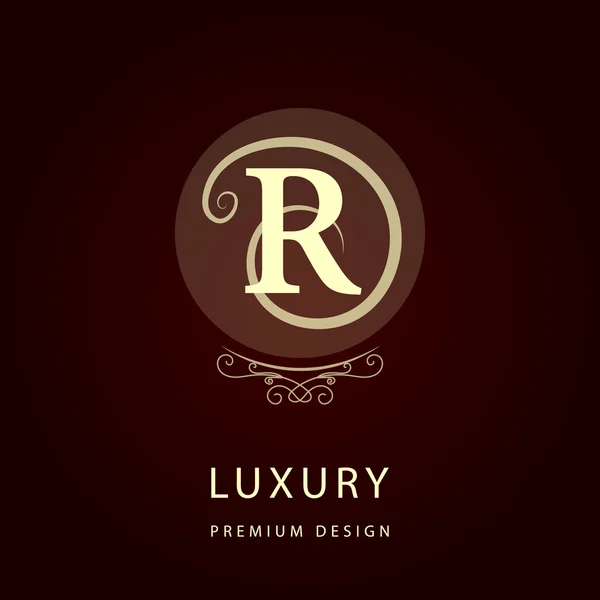 Elementi di design monogram, modello grazioso. Elegante linea d'arte logo design. Lettera R. Emblem. Illustrazione vettoriale — Vettoriale Stock