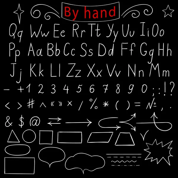 Handskrivna bokstäver, tal, tecken, former. Engelska alfabetet. Rita för hand. Vektor illustration — Stock vektor