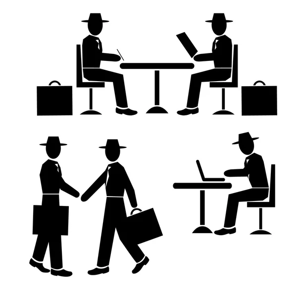 Homme d'affaires silhouette au travail. Asseyez-vous à table. Réunion d'affaires - ensemble vectoriel. Illustration vectorielle — Image vectorielle