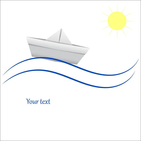 Barco de papel en olas azules. Ilustración vectorial — Vector de stock