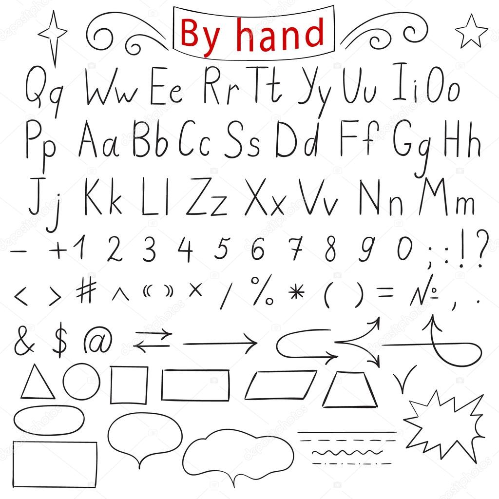 Handwritten letters, number, characters, shapes. English alphabet. Drawing by hand. Vector illustration