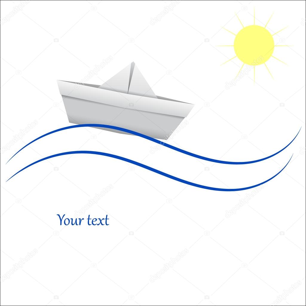 Paper boat in blue waves. Vector illustration