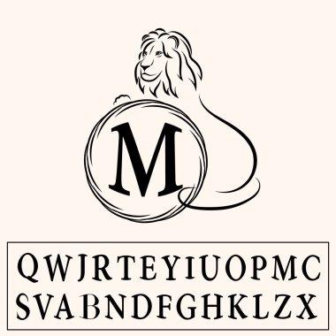 Monogram tasarım öğeleri, zarif şablonu. Zarif hat Sanat logo tasarımı. Alfabe. Amblem. Aslan siluet. Yuvarlak kare. Vektör çizim