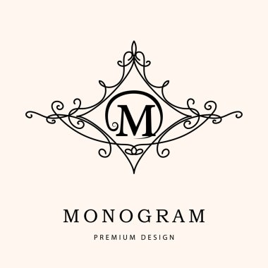 Monogram tasarım öğeleri, zarif şablonu. Zarif hat Sanat logo tasarımı. Mektup M. amblemi. Vektör çizim 