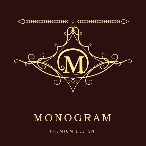 Monogram ontwerpelementen, sierlijke sjabloon. Elegante lijn kunst logo ontwerp. Brief M. embleem. Vectorillustratie — Stockvector