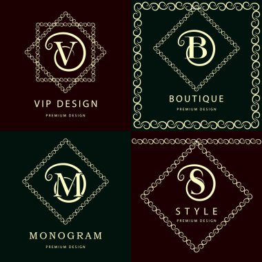 Monogram tasarım öğeleri, zarif şablonu. Zarif hat Sanat logo tasarımı. Harf M, S, V, B. amblemi. Vektör çizim