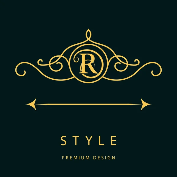 Elementi di design monogram, modello grazioso. Elegante linea d'arte logo design. Lettera R. Emblem. Illustrazione vettoriale — Vettoriale Stock