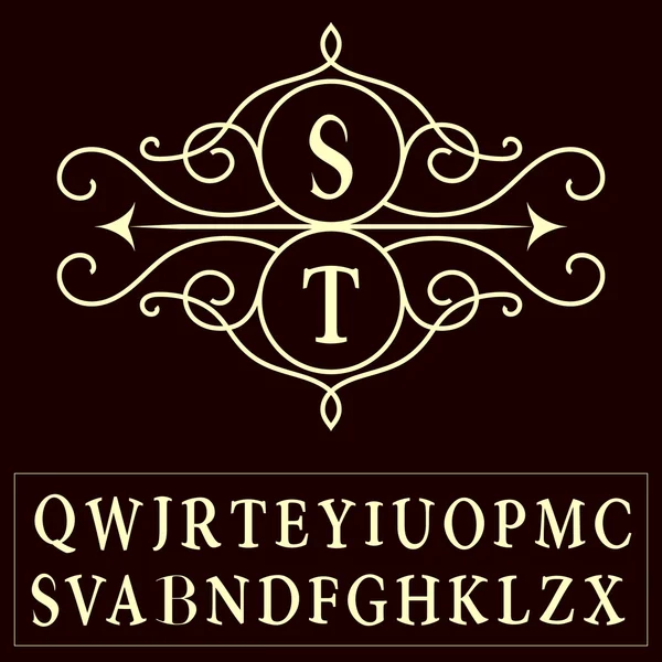 Monogram designelement med graciösa mall. Bokstaven S, T, M, R, E, B, C, W, Q, Y, I, O, P, D, F, G, H, K, L, Z, X, V, N, Elegant linje art Logotypdesign. Alfabetet. Emblem. Vintage ram. Vector illustrati — Stock vektor