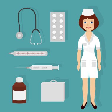 Kadın doktor gülümseyen tıbbi öğeleri kümesi. Vektör çizim