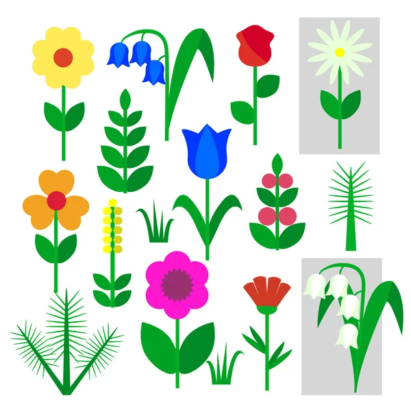 Conjunto de flores isoladas pintadas sobre um fundo branco. Desenho da criança rosa, Bluebell, camomila, Lírio do vale, cravo, ramo, árvore, folha, grama. Ilustração vetorial — Vetor de Stock