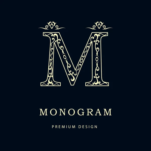 Eléments de conception monogramme, modèle gracieux. Design élégant de logo d'art de ligne. Lettre M. Signe d'entreprise, identité pour Restaurant, Redevance, Boutique, Café, Hôtel, Bijoux, Mode. Illustration vectorielle — Image vectorielle