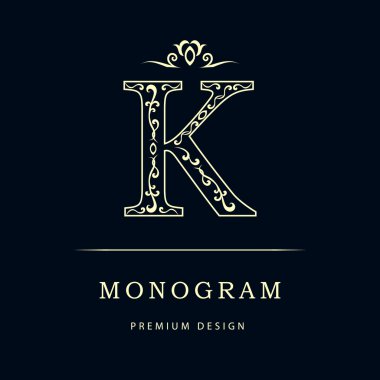 Monogram design elements, graceful template. Elegant line art logo design. Letter K. Business sign, identity for Restaurant, Royalty, Boutique, Cafe, Hotel, Jewelry, Fashion. Vector illustration