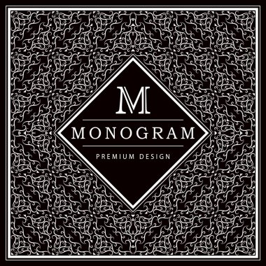 Monogram design elements, graceful template. Calligraphic elegant line art logo design. Letter M. Black and white Abstract decorative background with vintage modern pattern. Vector illustration
