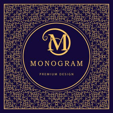 Monogram design elements, graceful template. Calligraphic elegant line art logo design. Letter M. Abstract decorative background with vintage modern pattern for labels, covers. Vector illustration