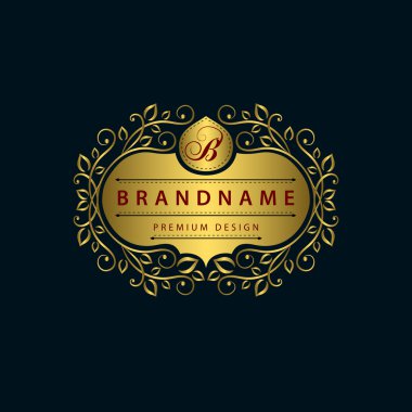 Monogram design elements, graceful template. Calligraphic elegant line art logo design. Gold emblem,  B. Business sign for Royalty, Boutique, Cafe, Hotel, Heraldic, Jewelry, Wine. Vector illustration