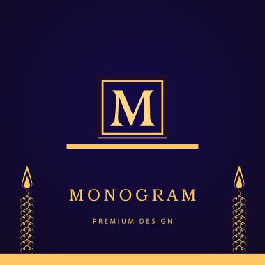 Monogram tasarım öğeleri, zarif şablonu. Kaligrafi zarif hat Sanat logo tasarımı. Mektup M. iş işareti Kraliyet ailesi, butik, kafe, otel, Heraldic, takı, şarap. Vektör çizim