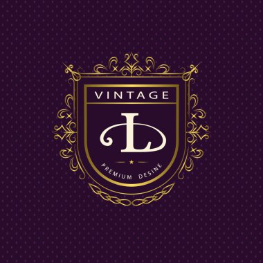 Monogram tasarım öğeleri, zarif şablonu. Kaligrafi zarif hat Sanat logo tasarımı. Mektup amblemi L. iş işareti Kraliyet ailesi, butik, kafe, otel, Heraldic, takı, şarap. Vektör çizim