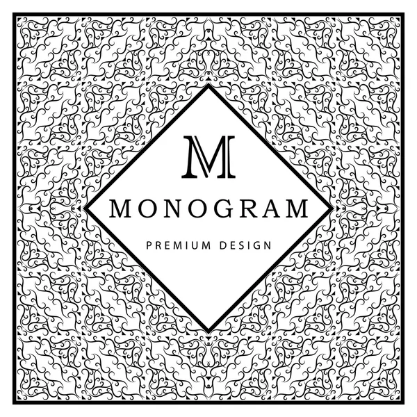 Monograma elementos de design, modelo gracioso. Caligráfico elegante linha arte logotipo design. Carta M. Preto e branco Fundo decorativo abstrato com padrão moderno vintage. Ilustração vetorial — Vetor de Stock