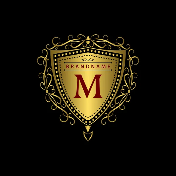 Monogram design elements, graceful template. Calligraphic elegant line art logo design. Gold letter M. Business sign for Royalty, Boutique, Cafe, Hotel, Heraldic, Jewelry, Wine. Vector illustration — Stock Vector