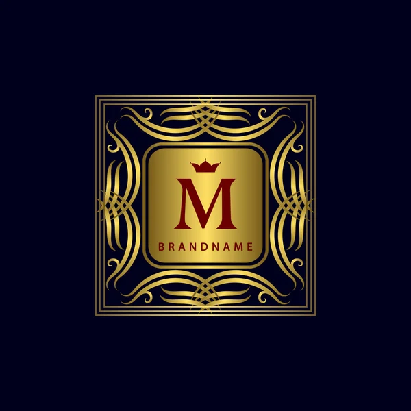 Monogram design elements, graceful template. Calligraphic elegant line art logo design. Gold emblem, M. Business sign for Royalty, Boutique, Cafe, Hotel, Heraldic, Jewelry, Wine. Vector illustration — Stok Vektör