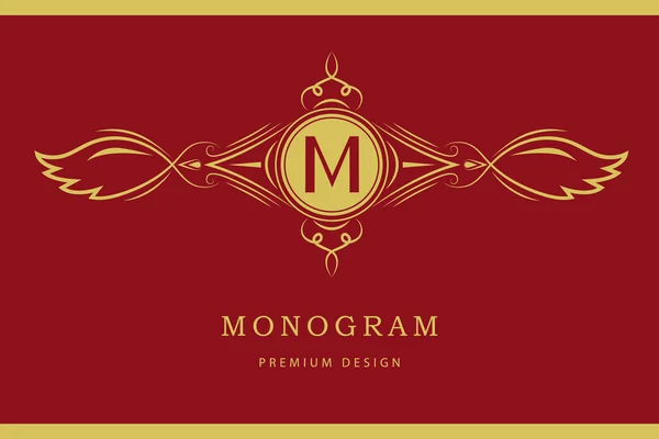 Monograma elementos de design, modelo gracioso. Caligráfico elegante linha arte logotipo design. Carta M. Assine de negócios para Royalty, Boutique, Café, Hotel, Heráldico, Jóias, Vinho. Ilustração vetorial — Vetor de Stock