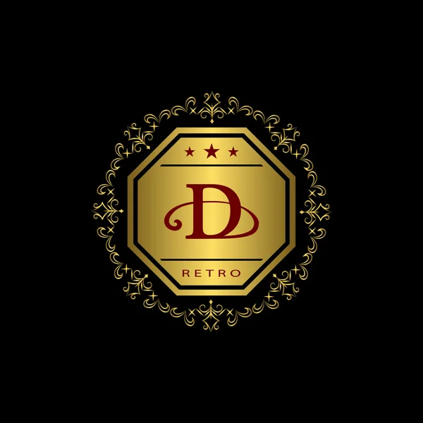 Monogram design elements, graceful template. Calligraphic elegant line art logo design. Gold emblem D. Business sign for Royalty, Boutique, Cafe, Hotel, Heraldic, Jewelry, Wine. Vector illustration — Stock vektor