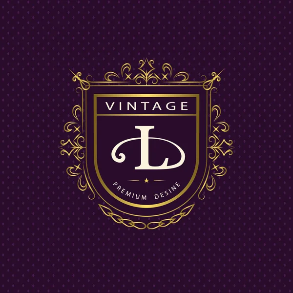 Monogram prvky návrhu, elegantní šablonu. Kaligrafické elegantní linie umění logo design. Státní znak dopis L. obchodní značka pro licencované, Boutique, Cafe, Hotel, platba, šperky, víno. Vektorové ilustrace — Stockový vektor