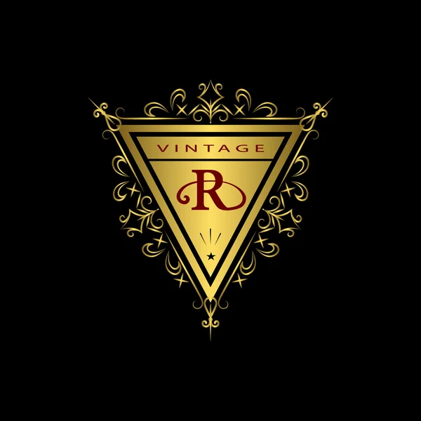 Monogram design elements, graceful template. Calligraphic elegant line art logo design. Gold emblem R. Business sign for Royalty, Boutique, Cafe, Hotel, Heraldic, Jewelry, Wine. Vector illustration — Stock Vector