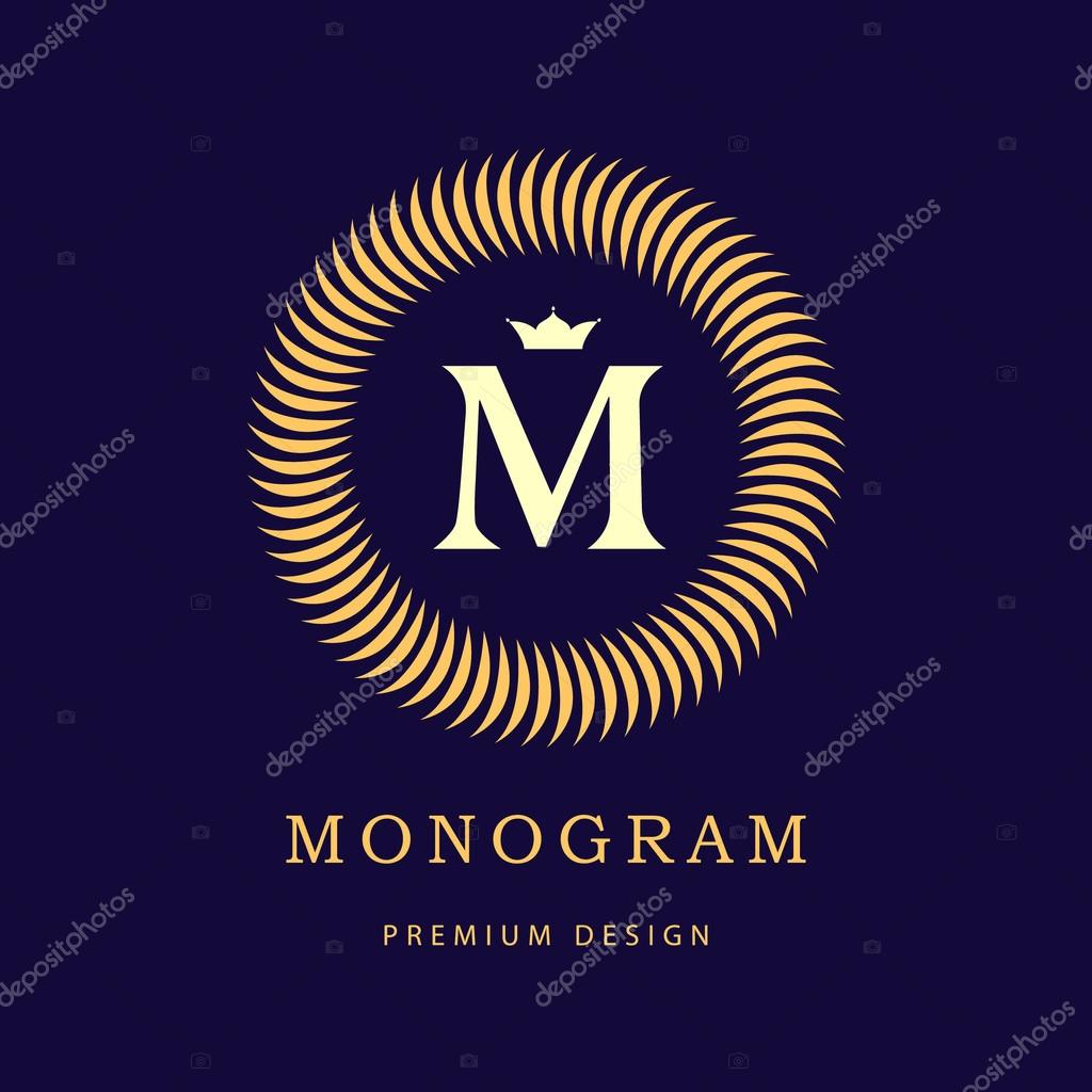 Vector illustration of Monogram design elements, graceful template. Elegant line art logo design. Letter M. Retro Vintage Insignia or Logotype. Business sign, identity, label, badge, Cafe, Hotel.