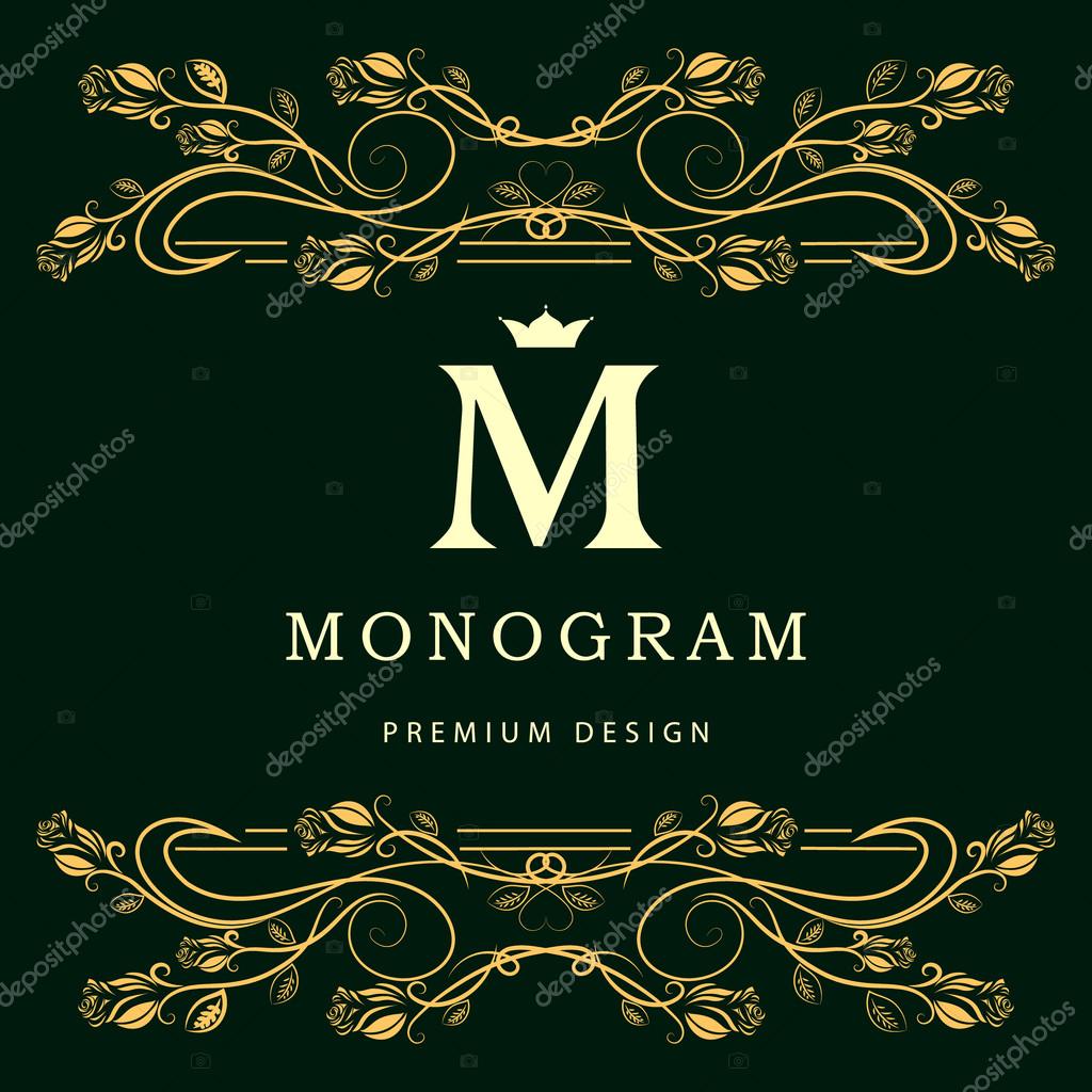 Vector illustration of Monogram design elements, graceful template. Elegant line art logo design. Letter M. Business sign, identity for Restaurant, Royalty, Boutique, Cafe, Hotel, Heraldic, Jewelry, Fashion, Wine.