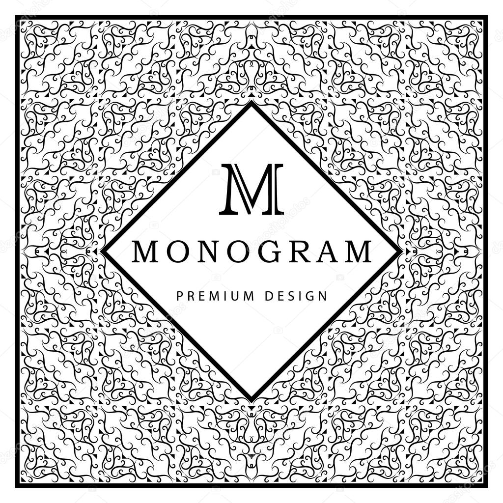 Vector illustration of Monogram design elements, graceful template. Calligraphic elegant line art logo design. Letter M. Black and white Abstract decorative background with vintage modern pattern.