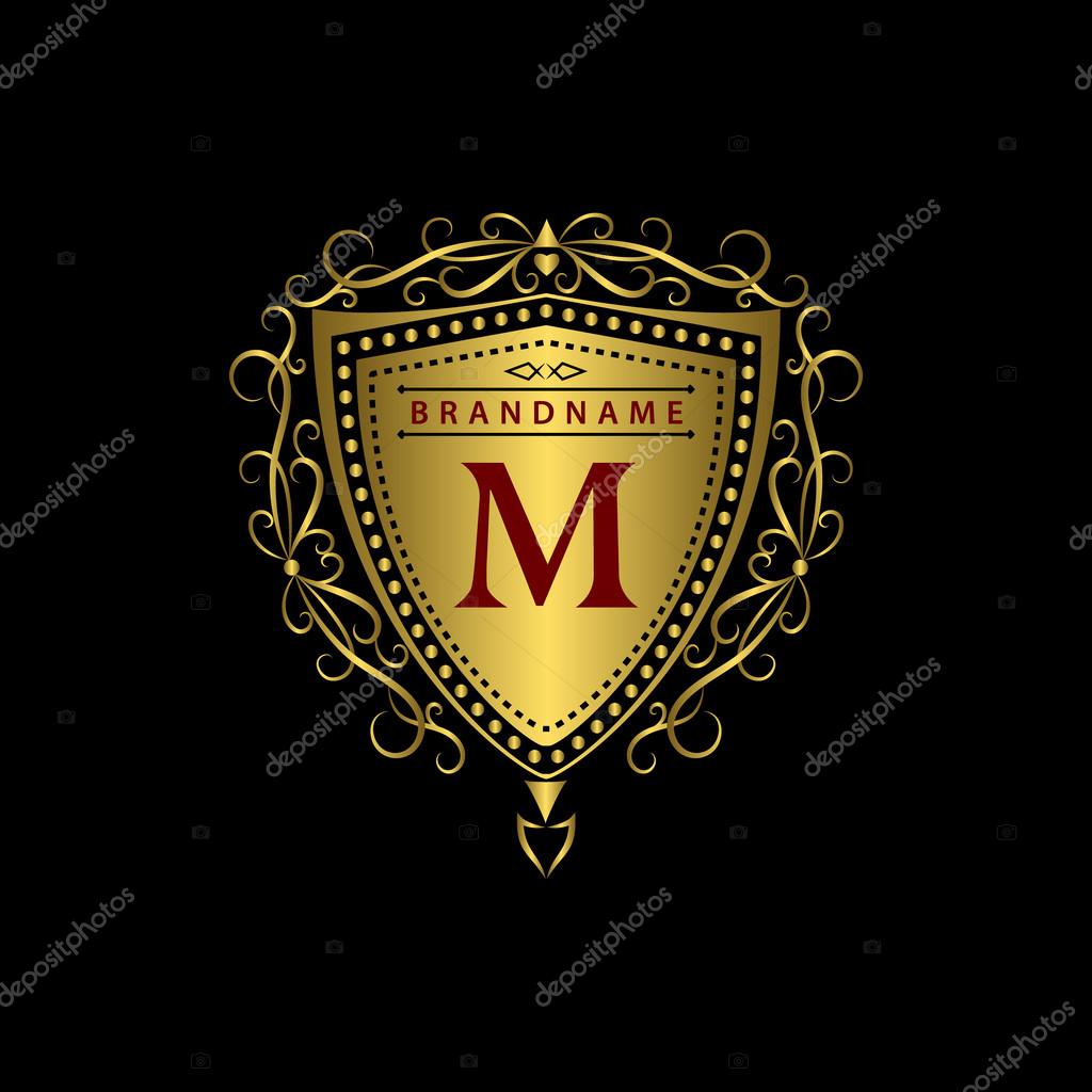 Vector illustration of Monogram design elements, graceful template. Calligraphic elegant line art logo design. Gold letter M. Business sign for Royalty, Boutique, Cafe, Hotel, Heraldic, Jewelry, Wine.
