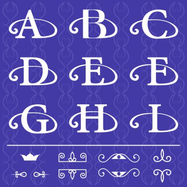Monogram design elements, graceful template. Calligraphic elegant line art logo design. Letter emblem A, B, C, D, E, F, G, H, I on a blue background . Vector illustration