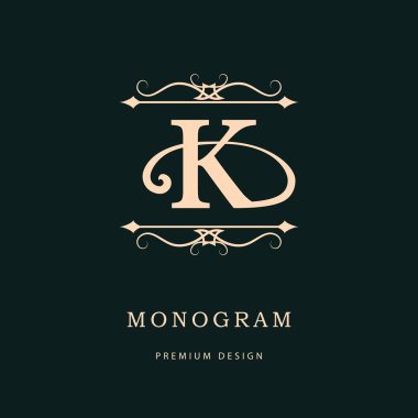 Monogram tasarım öğeleri, zarif şablonu. Kaligrafi zarif hat Sanat logo tasarımı. Mektup amblemi K. iş işareti Kraliyet ailesi, butik, kafe, otel, Heraldic, takı, şarap. Vektör çizim