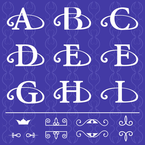 Элементы дизайна монограммы, изящный шаблон. Дизайн логотипа каллиграфической элегантной линии. Эмблема буквы A, B, C, D, E, F, G, H, I на синем фоне. Векторная иллюстрация
