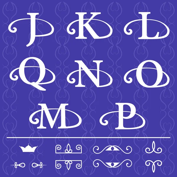 Eléments de conception monogramme, modèle gracieux. Calligraphie élégante ligne art logo design. Lettre emblème J, K, L, Q, N, O, M, P sur fond bleu. Illustration vectorielle — Image vectorielle