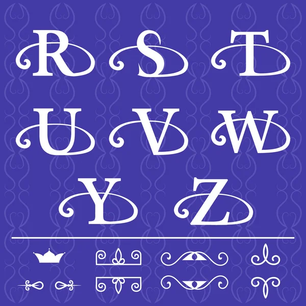 Monogram design elements, graceful template. Calligraphic elegant line art logo design. Letter emblem R, S, T, U, V, W, Y, Z on a blue background . Vector illustration — Stock vektor