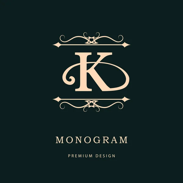 Elementos de diseño de monograma, plantilla elegante. Caligrafía elegante línea de diseño de logotipo de arte. Letra emblema K. Business sign for Royalty, Boutique, Café, Hotel, Heráldico, Joyería, Vino. Ilustración vectorial — Archivo Imágenes Vectoriales