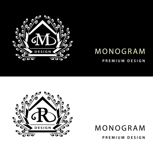 Elementos de diseño de monograma, plantilla elegante. Letra emblema M, R. Caligrafía elegante línea de diseño de logotipo de arte para tarjetas de visita, Royalty, Boutique, Café, Hotel, Heráldico, Joyería. Ilustración vectorial — Archivo Imágenes Vectoriales