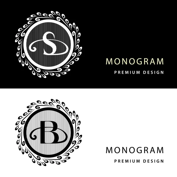 Monogram design elements, graceful template. Letter emblem S, B. Calligraphic elegant line art logo design for business cards, Royalty, Boutique, Cafe, Hotel, Heraldic, Jewelry. Vector illustration — Stockvector