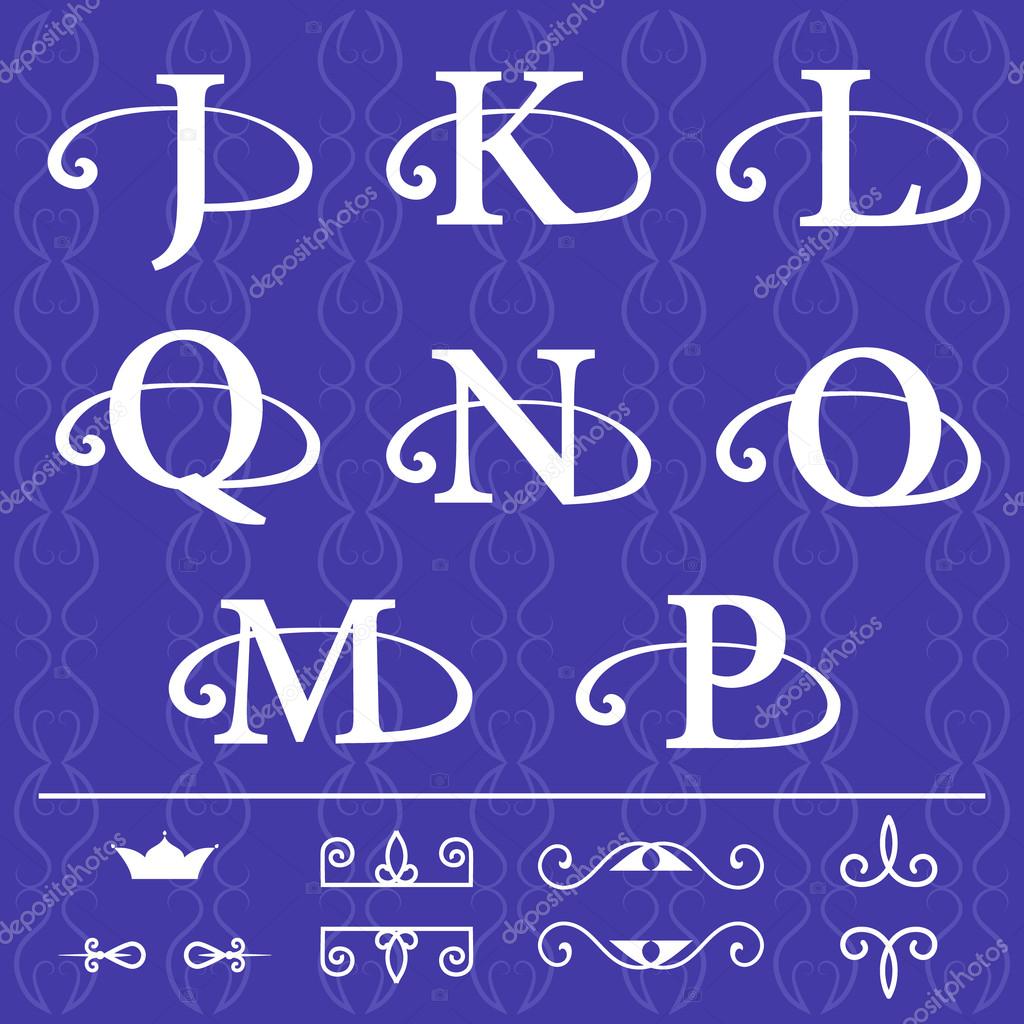Vector illustration of Monogram design elements, graceful template. Calligraphic elegant line art logo design. Letter emblem J, K, L, Q, N, O, M, P on a blue background .