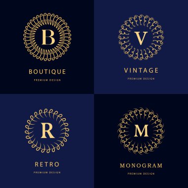 Monogram tasarım öğeleri, zarif şablonu. Kaligrafi zarif hat Sanat logo tasarımı. Mektup amblemi B, R, M, lisanslı, kartvizit, için V Boutique Hotel, Heraldic, takı. Vektör çizim