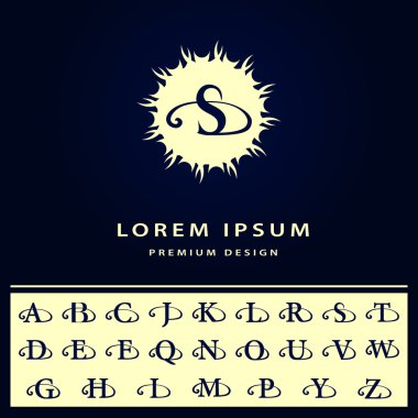 Monogram tasarım öğeleri İngilizce harfleri. Kaligrafi zarif hat Sanat logo tasarımı. Retro Vintage nişan veya logo. İş işareti, kimlik, etiket, rozet, kafe, otel. Vektör çizim