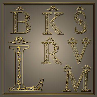 Monogram design elements, graceful template. Calligraphic elegant line art logo design. Luxury Letter emblem B, K, M, S, R, V, L for Royalty, business card, Boutique, Jewelry. Vector illustration